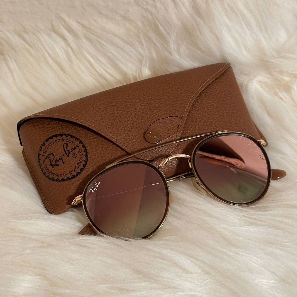 Ray-Ban Round Double Bridge Arista Gold Sunglasses RB3647N Flash Pink Lens